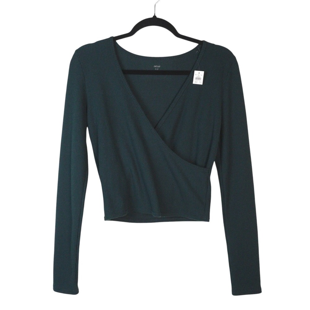 NEW Aerie Womens Waffle Knit Surplice Top‎ Size S Green Yoga Pilates Ballet Core